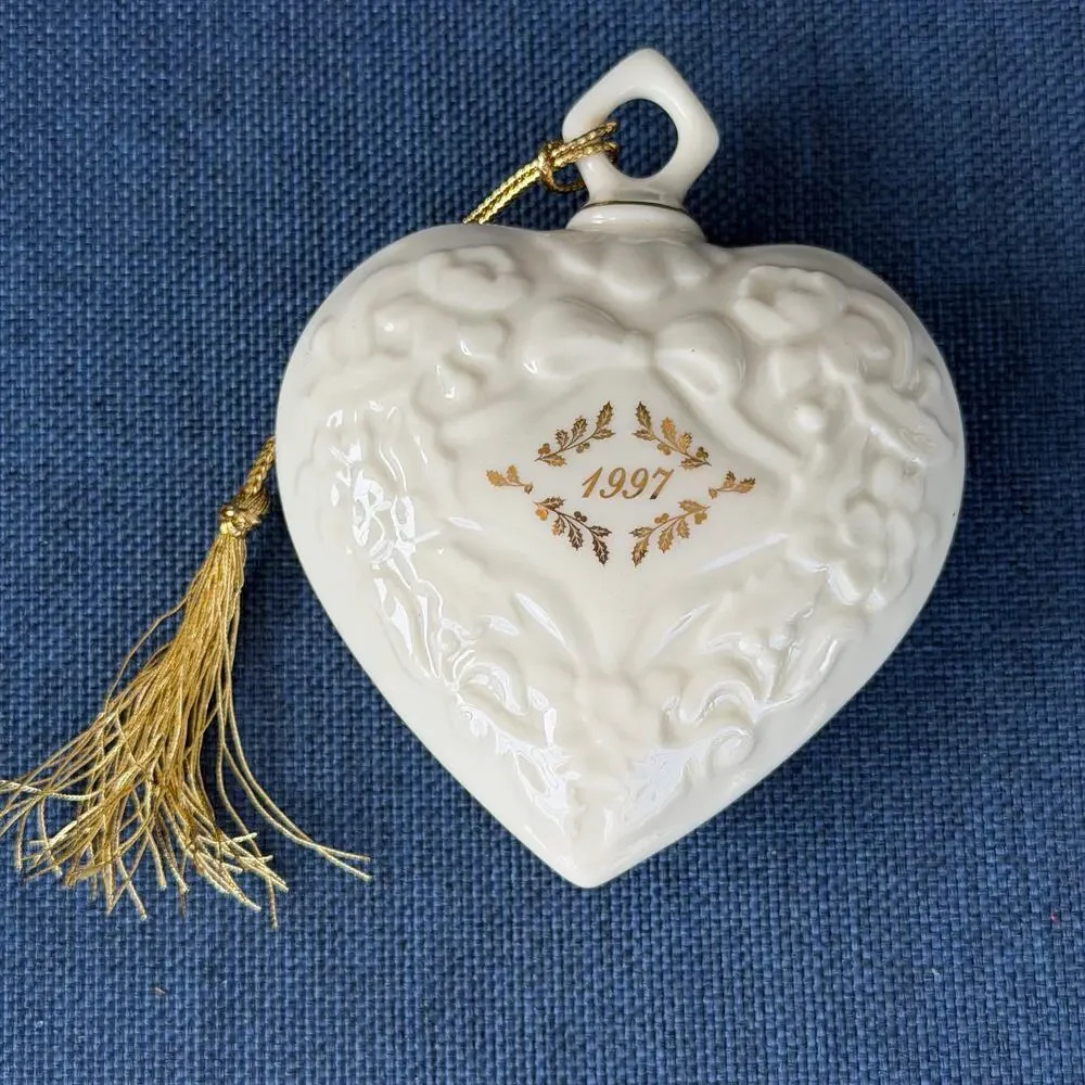 Lenox 1997 Annual Christmas Ornament Porcelain Heart Embossed Gold Tassel Puffy